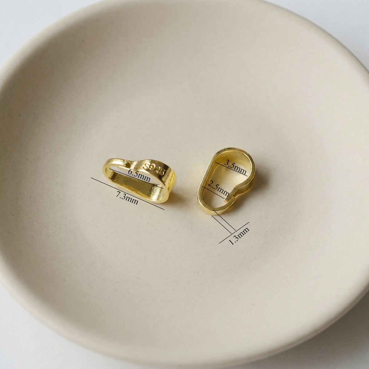 small 18K gold plated 925 sterling silver pinch bail with dimensions