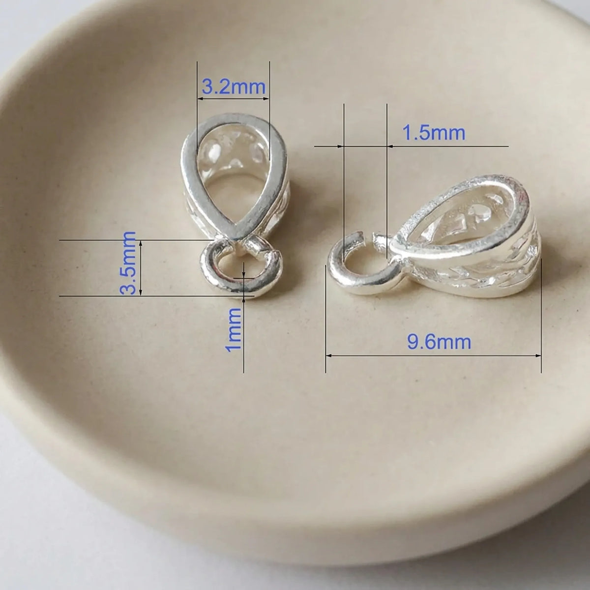 Small sterling silver pendant bail 9.6mm with 3.2mm opening and open ring dimensions