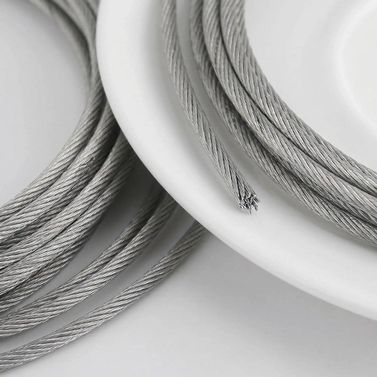 Close-up of multi-strand stainless steel beading wire construction