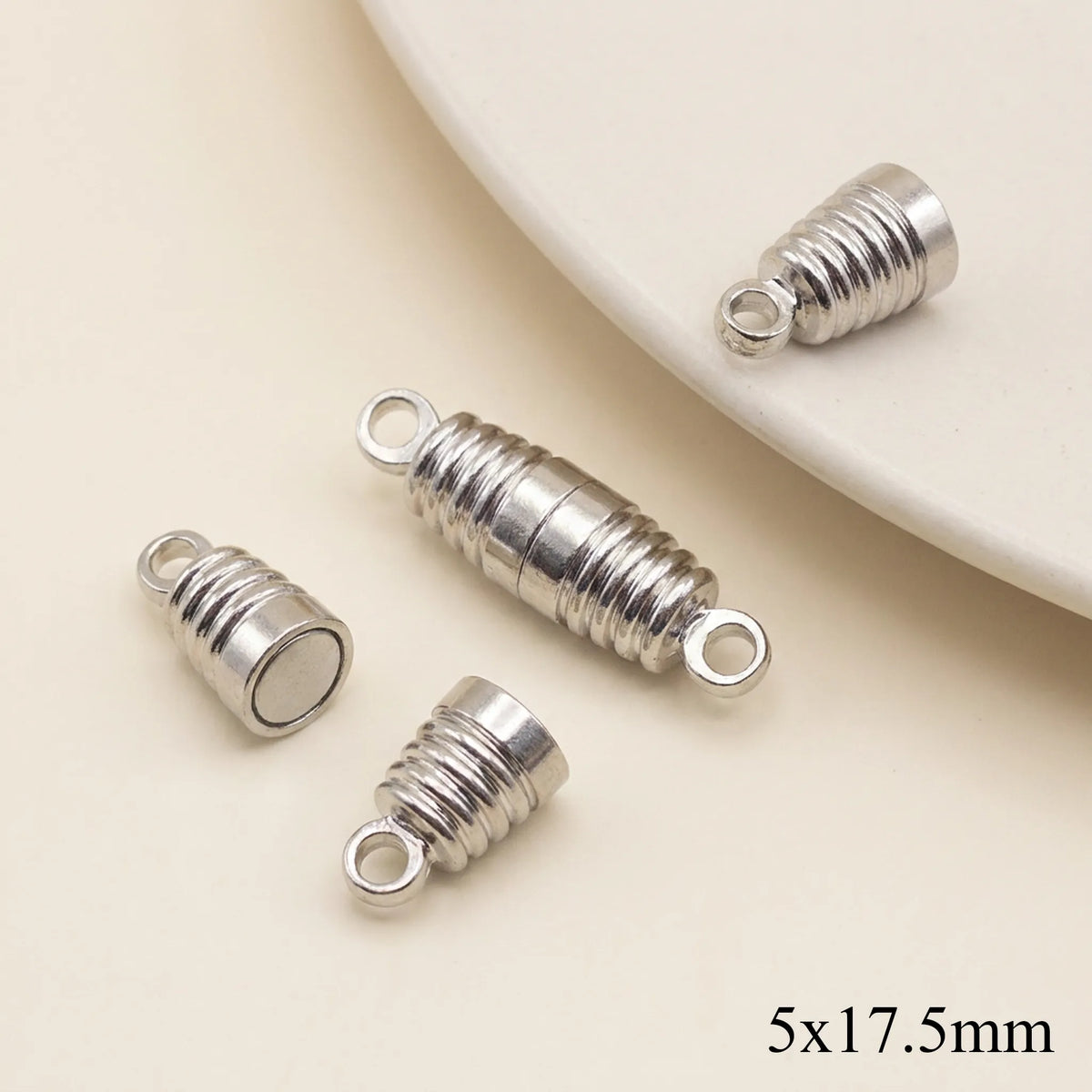 Ribbed stainless steel magnetic clasp with loops for jewelry making, 5 x 17.5 mm