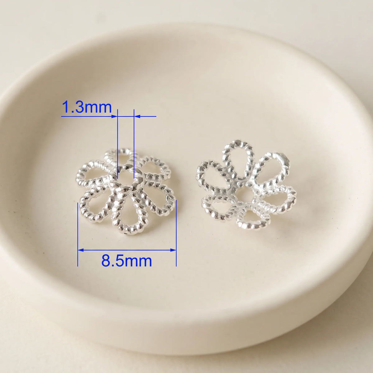 Sterling silver flower bead cap 8.5mm with 1.3mm center hole