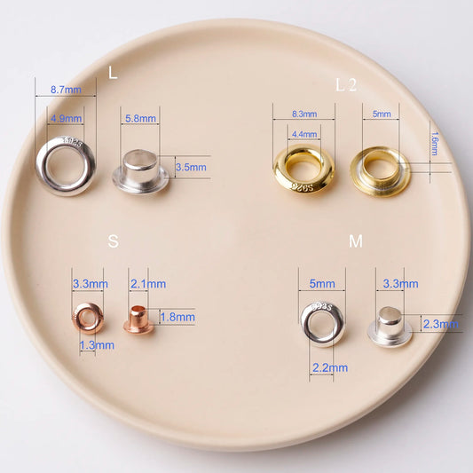 925 sterling silver bead grommet eyelet rivets size chart with S, M, L and L2 dimensions