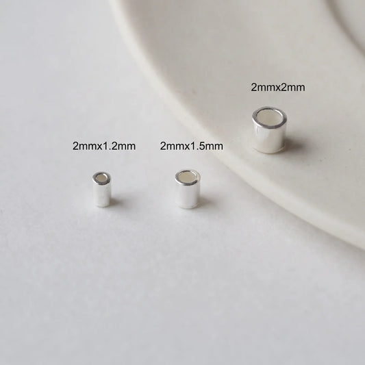 Sterling silver crimp beads in 2x1.2mm, 2x1.5mm and 2x2mm sizes