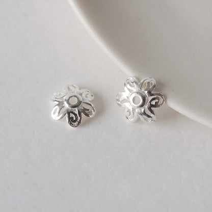 Pair of 6.4mm sterling silver flower bead caps with 0.8mm holes