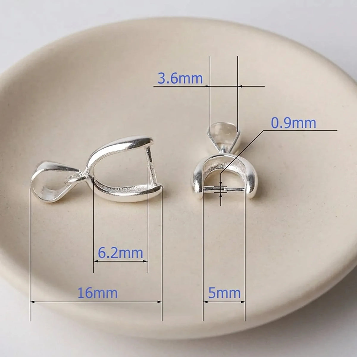 Sterling silver pinch bail dimensions, 16mm long, 5mm wide with 0.9mm pin