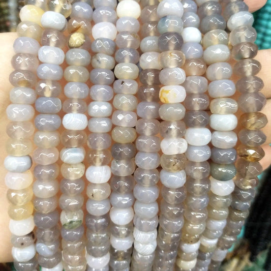 Semiprecious Rondelle Disk Gray Agate Beads, Smooth Matte and Faceted 