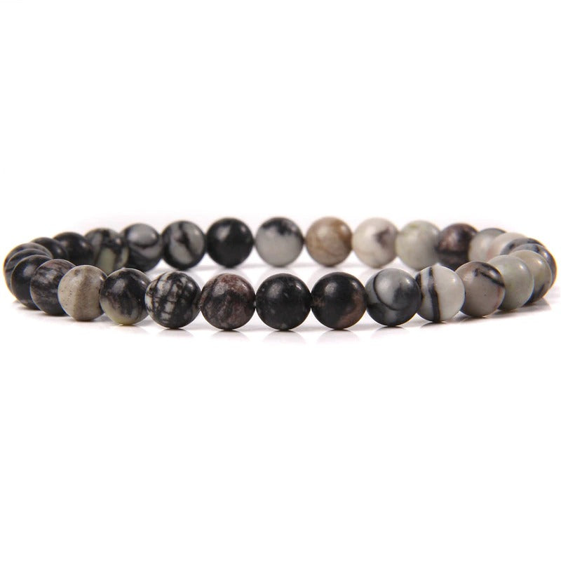 Schwarz-weißes Zebra (Spinnennetz) Jaspis-Edelstein-Stretch-Armband, 4–12 mm 