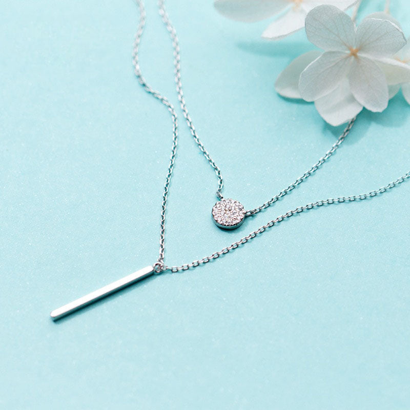 Silver Zircon Disc Geometric Pendant Necklace