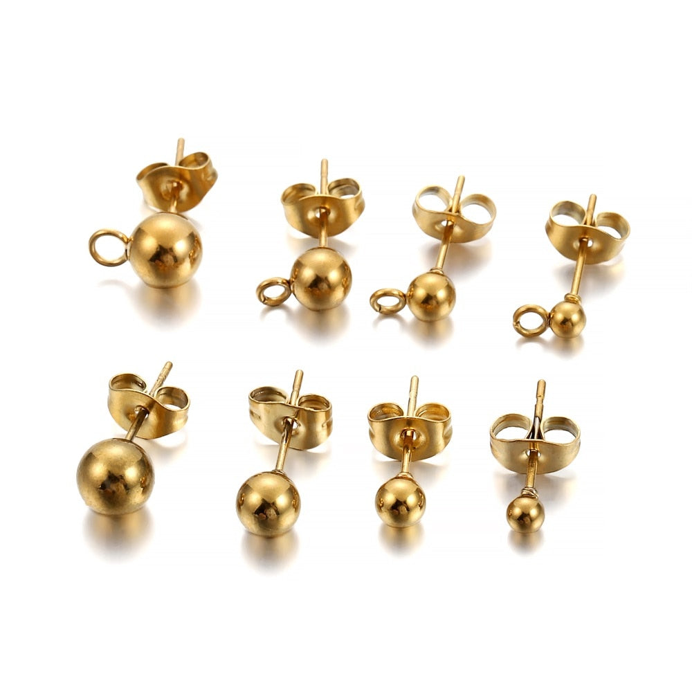 Clous de boucles d'oreilles boule ronde dorée avec bouchons, 20 pièces