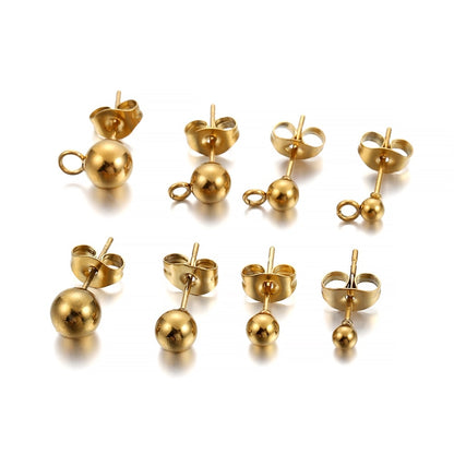 Clous de boucles d'oreilles boule ronde dorée avec bouchons, 20 pièces