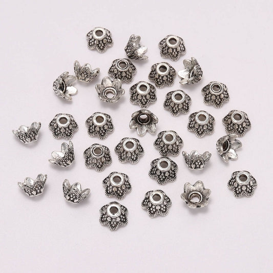 7mm 6-Petal Carved Flower Bead Caps, 50pcs