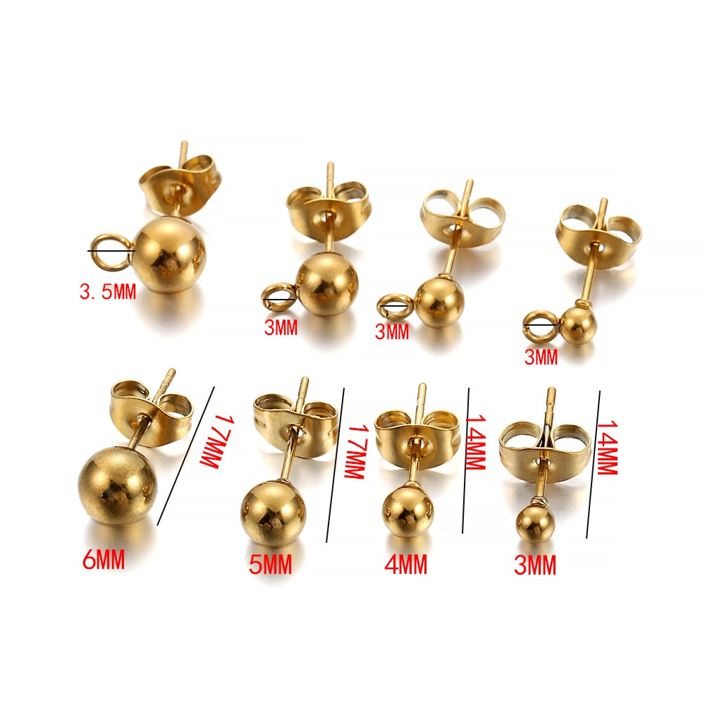Clous de boucles d'oreilles boule ronde dorée avec bouchons, 20 pièces