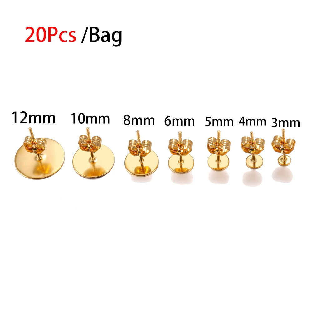 Boucle d'oreille à tige en acier inoxydable doré de 5 à 12 mm, 20 pièces