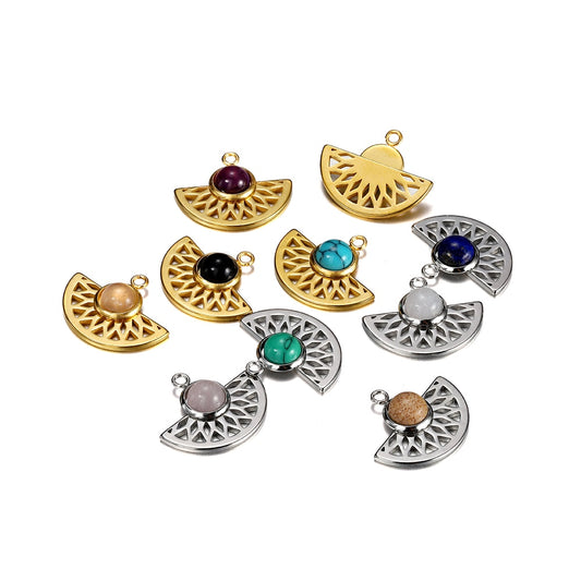 Stainless Steel Natural Stone Fan Shape Pendant, 5Pcs