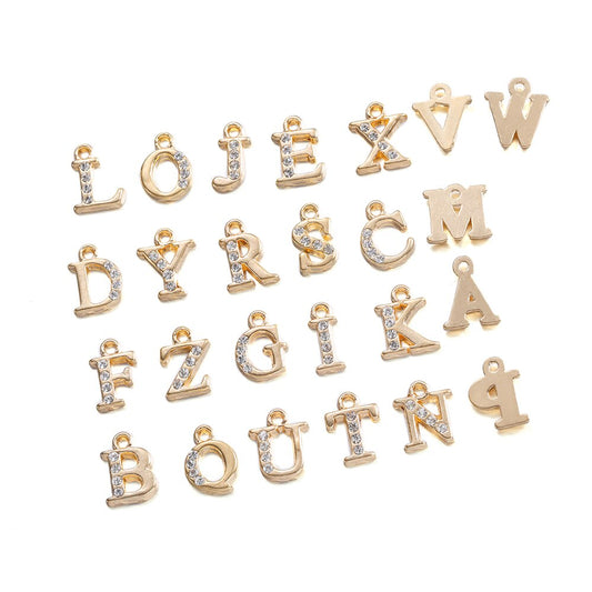 26Pcs Alloy Inlaid Rhinestones A-Z English Letter Alphabet Pendants