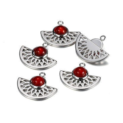 Stainless Steel Natural Stone Fan Shape Pendant, 5Pcs