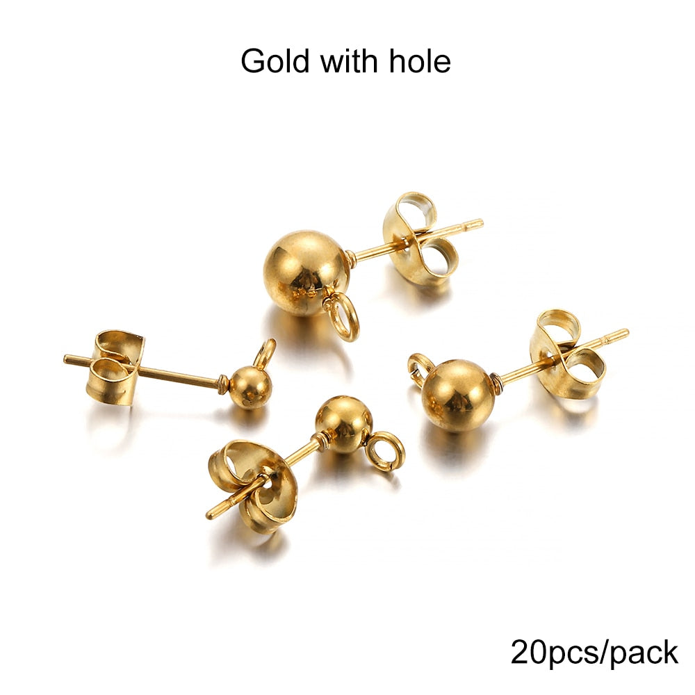 Clous de boucles d'oreilles boule ronde dorée avec bouchons, 20 pièces