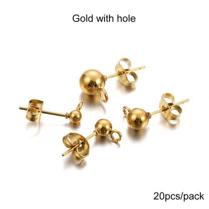 Clous de boucles d'oreilles boule ronde dorée avec bouchons, 20 pièces
