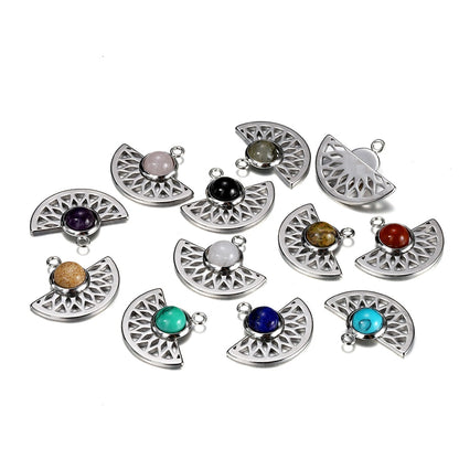 Stainless Steel Natural Stone Fan Shape Pendant, 5Pcs