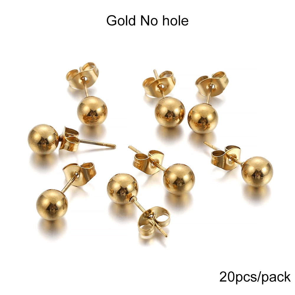Clous de boucles d'oreilles boule ronde dorée avec bouchons, 20 pièces