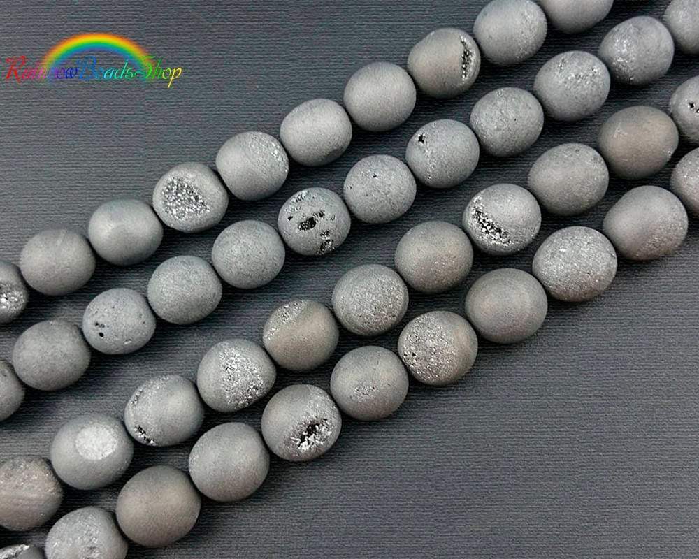 Agate Druzy Metallic Grey Druzy Beads, Round 6-14mm, 15.5'' strand 