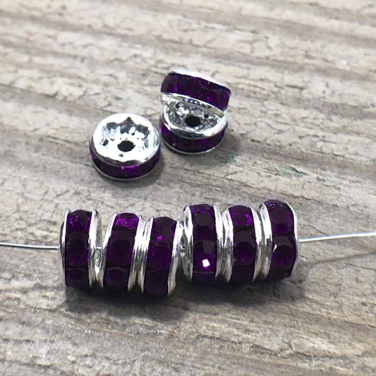 Amethyst Czech Crystal Rhinestone Silver Rondelle Spacer Beads, 100pcs 4mm 5mm 6mm 8mm 10mm, beadig, jewelry making Craft Supplies, Findings 