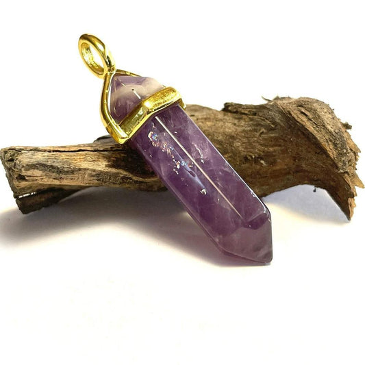 Amethyst Hexagonal Pointed Gemstone Pendant, Gold Plated Brass, Crystal Healing Pendant, Boho Hippie Crystal 