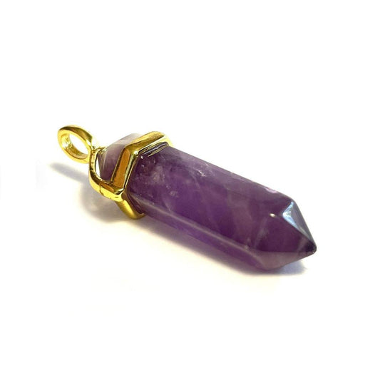 Amethyst Hexagonal Pointed Gemstone Pendant, Gold Plated Brass, Crystal Healing Pendant, Boho Hippie Crystal 