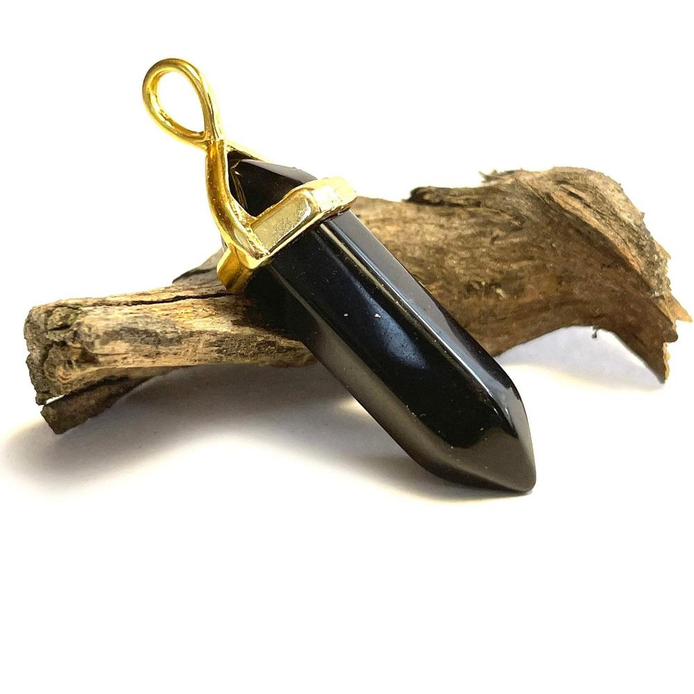 Black Agate Onyx Hexagonal Pointed Gemstone Pendant, Gold Plated Brass, Crystal Healing Pendant, Boho Hippie Crystal 