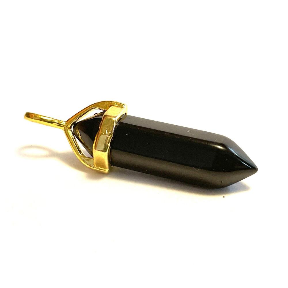 Black Agate Onyx Hexagonal Pointed Gemstone Pendant, Gold Plated Brass, Crystal Healing Pendant, Boho Hippie Crystal 