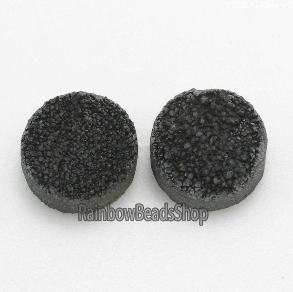 Black Druzy Quartz Agate Flat Back Connector Cabochon, 2Pcs - 6-20mm 