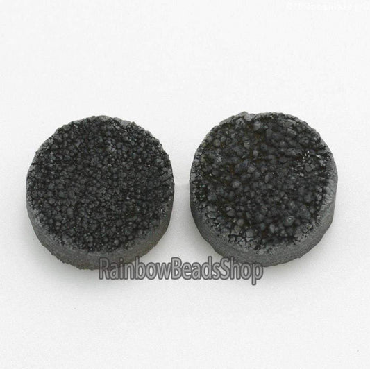 Black Druzy Quartz Agate Flat Back Connector Cabochon, 2Pcs - 6-20mm 