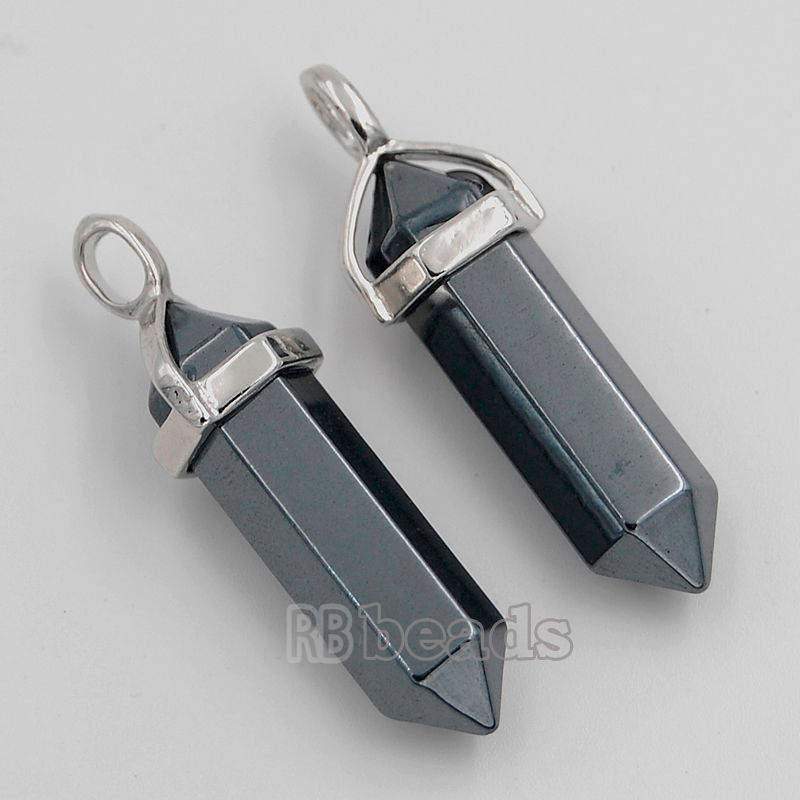 Black Hematite double Terminated, Reiki Point Pendant beads, Crystal healing Chakra Stone bead Rock chakra pendant 