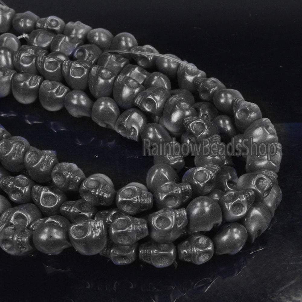 Black Howlite Skull Side Ways Beads, 12x13mm Carved Stone, 16'' strand 