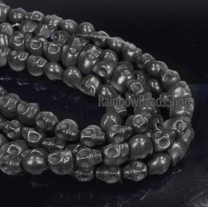 Black Howlite Skull Side Ways Beads, 12x13mm Carved Stone, 16'' strand 