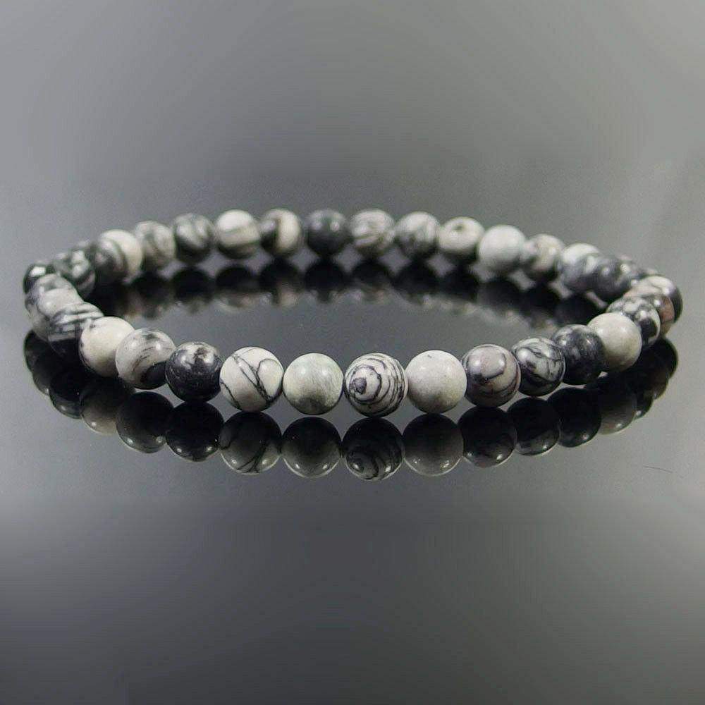 Schwarz-weißes Zebra (Spinnennetz) Jaspis-Edelstein-Stretch-Armband, 4–12 mm 
