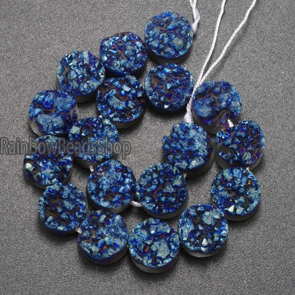 Blue Druzy Quartz Agate Side Drilled Flat Back Connector Cabochon 10mm 