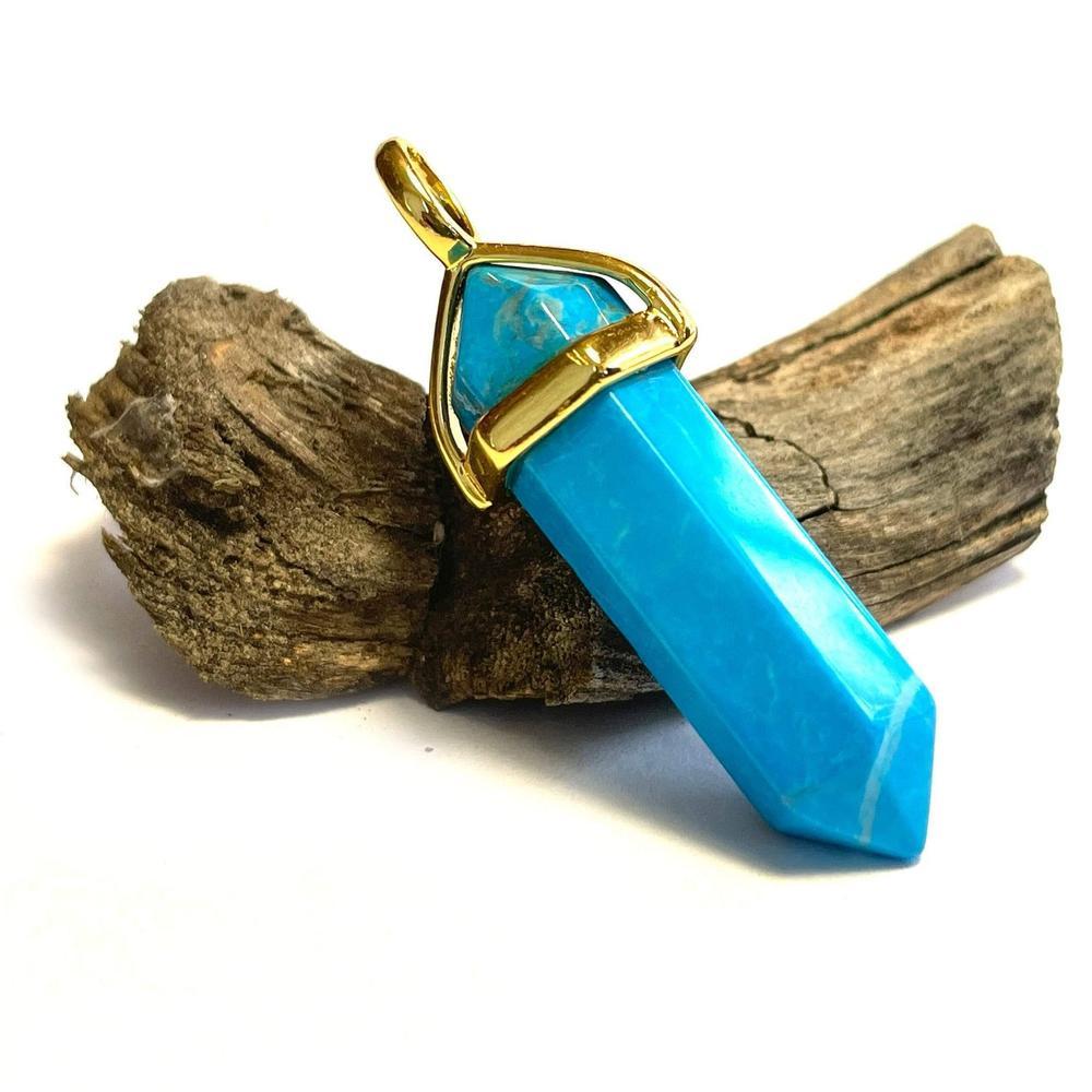 Blue Turquoise Hexagonal Pointed Gemstone Pendant, Gold Plated Brass, Crystal Healing Pendant, Boho Hippie Crystal 