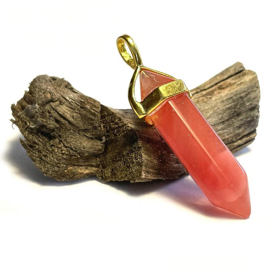Cherry Quartz Hexagonal Pointed Gemstone Pendant, Gold Plated Brass, Crystal Healing Pendant, Boho Hippie Crystal 