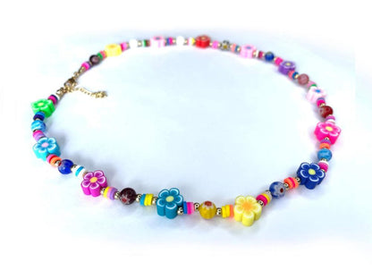 Colorful chamomile flowers Evil Eye Pearl Beaded Necklace, Transparent Mixed glass seed clay beads Choker, Indie Boho Trendy Summer Necklace 