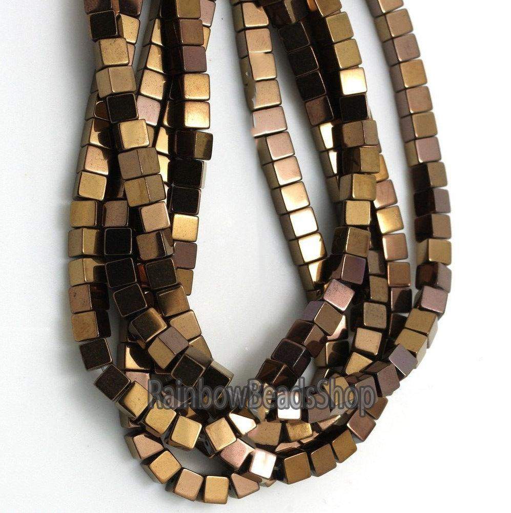 Copper  Hematite Square Cube Metallic Beads, 2-4mm, 16'' strand 