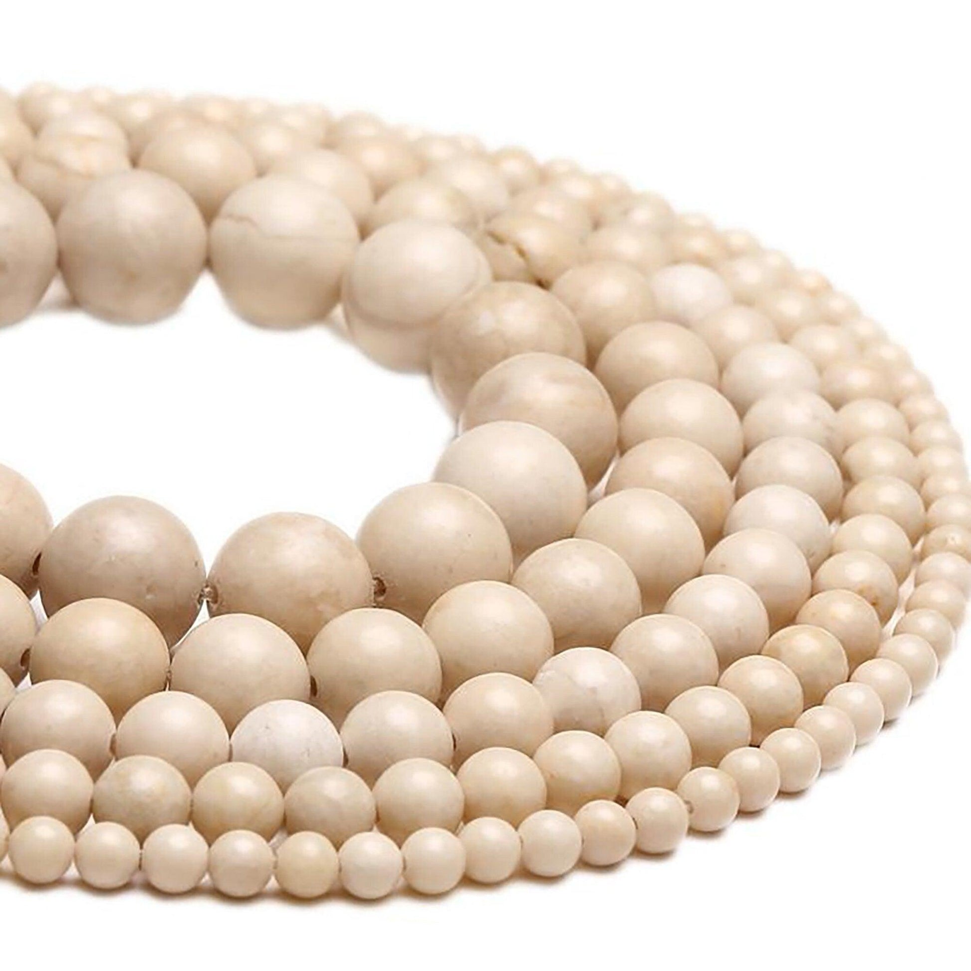 Cream river stone (riverstone) beads, 6-12mm fossil jasper rock round Ivory Beads 
