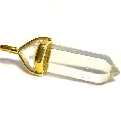 Crystal Rock Quartz Hexagonal Pointed Gemstone Pendant, Gold Plated Brass, Crystal Healing Pendant, Boho Hippie Crystal 