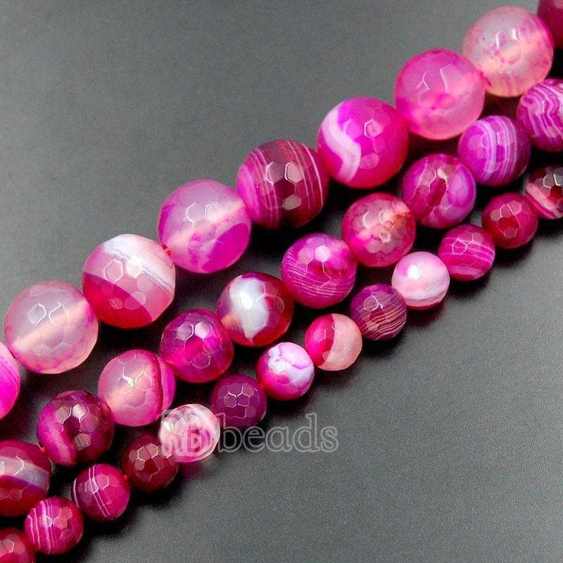 Faceted Pink Magenta Stripe Banded Agate Beads, 6-10mm Round, 15.5 str 