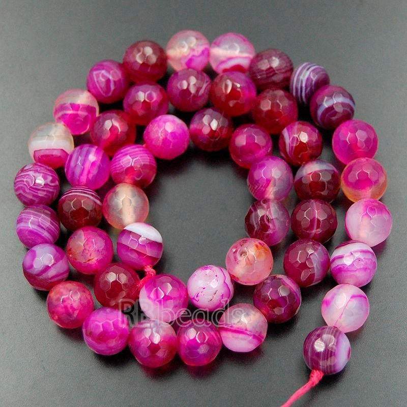 Faceted Pink Magenta Stripe Banded Agate Beads, 6-10mm Round, 15.5 str 