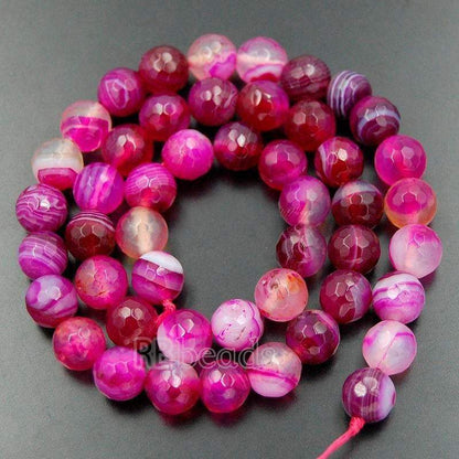 Faceted Pink Magenta Stripe Banded Agate Beads, 6-10mm Round, 15.5 str 