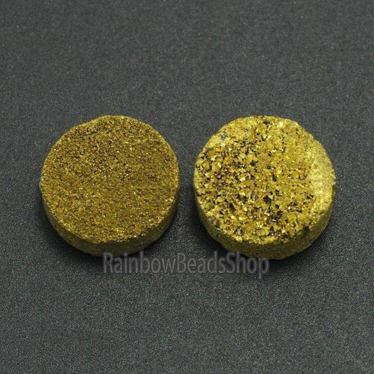 Flat Back Gold Druzy Quartz Agate Connector Cabochon, 2Pcs - 6-20mm 
