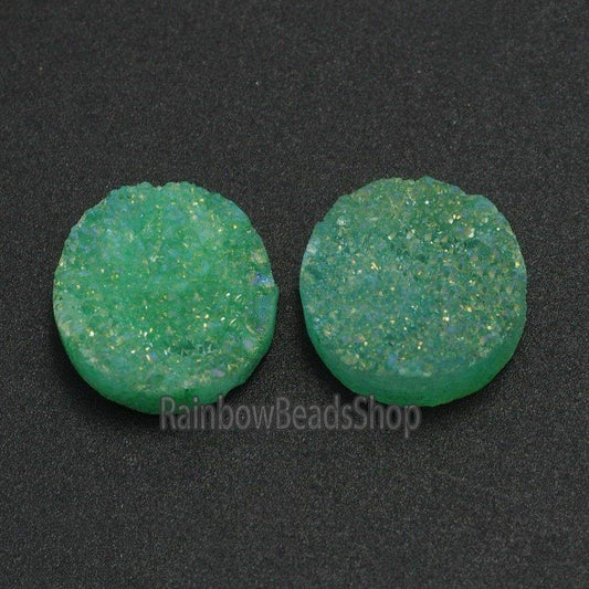 Flat Back Green AB Druzy Quartz Agate Connector Cabochon, 2Pcs 6-20mm 