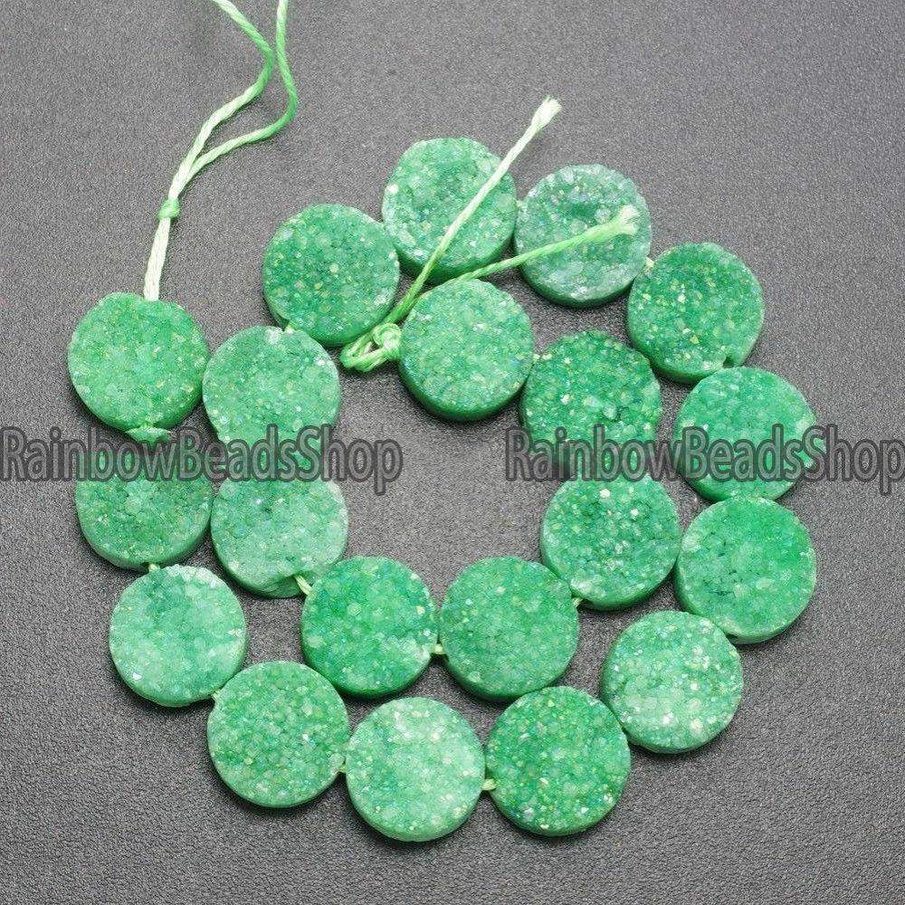 Flat Back Green Druzy Quartz Agate Connector Cabochon, Side Drilled 