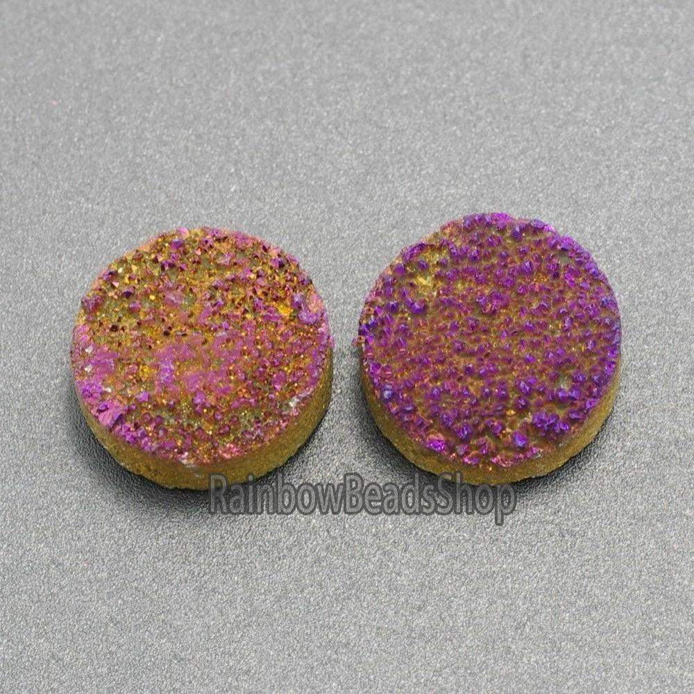 Flat Back Purple Druzy Quartz Agate Connector Cabochon, 2Pcs 6-20mm 